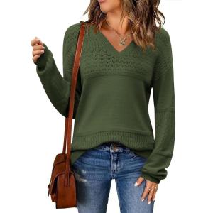 Zeagoo Womens 2026 Fall Sweaters Casual Long Sleeve Ribbed Knit Pullover V Neck Lightweight Crochet Pullover Sweater Top(Army Green)