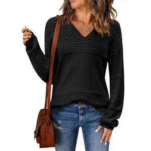 Zeagoo Womens 2026 Fall Sweaters Casual Long Sleeve Ribbed Knit Pullover V Neck Lightweight Crochet Pullover Sweater Top(Black)