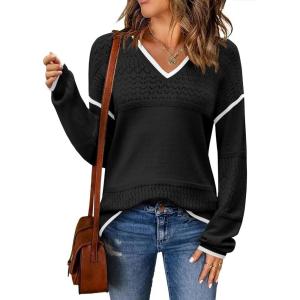 Zeagoo Womens 2026 Fall Sweaters Casual Long Sleeve Ribbed Knit Pullover V Neck Lightweight Crochet Pullover Sweater Top(Black B1)