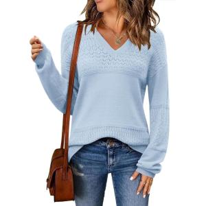 Zeagoo Womens 2026 Fall Sweaters Casual Long Sleeve Ribbed Knit Pullover V Neck Lightweight Crochet Pullover Sweater Top(Blue)