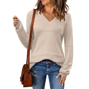 Zeagoo Womens 2026 Fall Sweaters Casual Long Sleeve Ribbed Knit Pullover V Neck Lightweight Crochet Pullover Sweater Top(Brown)