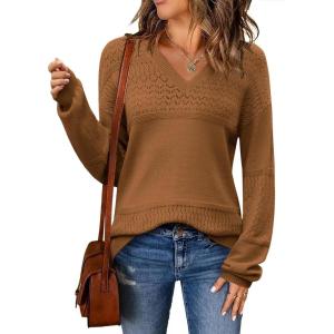 Zeagoo Womens 2026 Fall Sweaters Casual Long Sleeve Ribbed Knit Pullover V Neck Lightweight Crochet Pullover Sweater Top(Coffee)