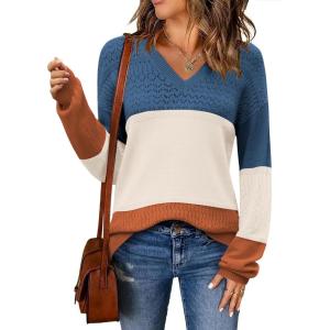 Zeagoo Womens 2026 Fall Sweaters Casual Long Sleeve Ribbed Knit Pullover V Neck Lightweight Crochet Pullover Sweater Top(Colorblock 458)