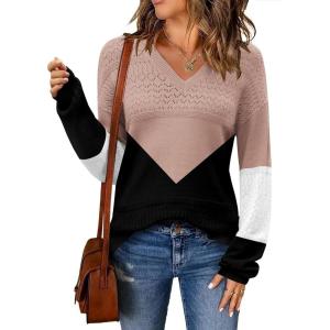 Zeagoo Womens 2026 Fall Sweaters Casual Long Sleeve Ribbed Knit Pullover V Neck Lightweight Crochet Pullover Sweater Top(Colorblock Jh550)