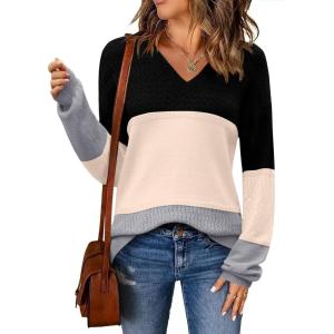 Zeagoo Womens 2026 Fall Sweaters Casual Long Sleeve Ribbed Knit Pullover V Neck Lightweight Crochet Pullover Sweater Top(Colorblock Jh558)