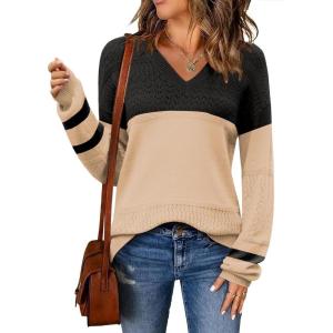 Zeagoo Womens 2026 Fall Sweaters Casual Long Sleeve Ribbed Knit Pullover V Neck Lightweight Crochet Pullover Sweater Top(Colorblock Pat1)