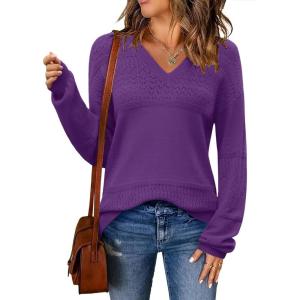Zeagoo Womens 2026 Fall Sweaters Casual Long Sleeve Ribbed Knit Pullover V Neck Lightweight Crochet Pullover Sweater Top(Deep Purple)
