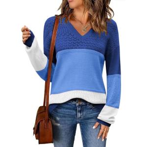 Zeagoo Womens 2026 Fall Sweaters Casual Long Sleeve Ribbed Knit Pullover V Neck Lightweight Crochet Pullover Sweater Top(Dusty Blue)