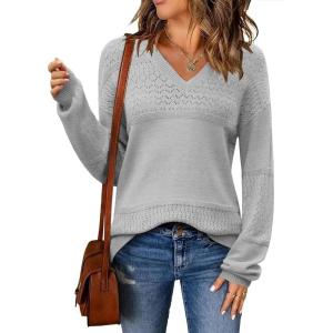 Zeagoo Womens 2026 Fall Sweaters Casual Long Sleeve Ribbed Knit Pullover V Neck Lightweight Crochet Pullover Sweater Top(Gray)