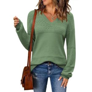Zeagoo Womens 2026 Fall Sweaters Casual Long Sleeve Ribbed Knit Pullover V Neck Lightweight Crochet Pullover Sweater Top(Lake Blue)