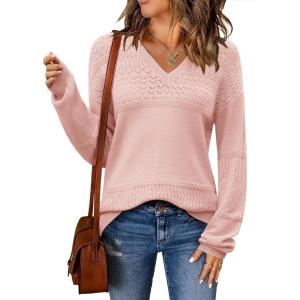 Zeagoo Womens 2026 Fall Sweaters Casual Long Sleeve Ribbed Knit Pullover V Neck Lightweight Crochet Pullover Sweater Top(Light Pink)