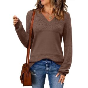 Zeagoo Womens 2026 Fall Sweaters Casual Long Sleeve Ribbed Knit Pullover V Neck Lightweight Crochet Pullover Sweater Top(Nutmeg)