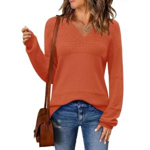 Zeagoo Womens 2026 Fall Sweaters Casual Long Sleeve Ribbed Knit Pullover V Neck Lightweight Crochet Pullover Sweater Top(Orange)