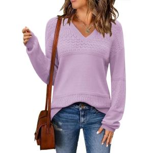 Zeagoo Womens 2026 Fall Sweaters Casual Long Sleeve Ribbed Knit Pullover V Neck Lightweight Crochet Pullover Sweater Top(Purple)