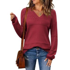 Zeagoo Womens 2026 Fall Sweaters Casual Long Sleeve Ribbed Knit Pullover V Neck Lightweight Crochet Pullover Sweater Top(Wine Red)