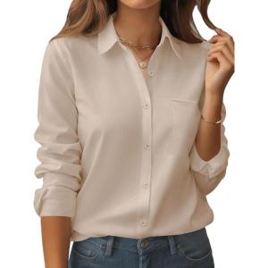 Zeagoo Womens Button Down Shirt Long Sleeve Blouse Business Work Tops Dressy Casual Floral Printed Outfits with Pocket(F-beige)