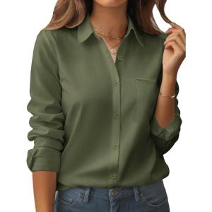 Zeagoo Womens Button Down Shirt Long Sleeve Blouse Business Work Tops Dressy Casual Floral Printed Outfits with Pocket(Green)