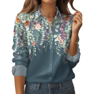 Zeagoo Womens Button Down Shirt Long Sleeve Blouse Business Work Tops Dressy Casual Floral Printed Outfits with Pocket(L-wf71)