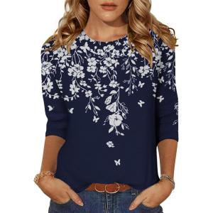 Zeagoo Women’s Casual 3/4 Sleeve T-Shirts Round Neck Cute Tunic Tops Basic Tees Blouses Business Work Tee Top(Blue Flower-sf103)