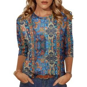 Zeagoo Women’s Casual 3/4 Sleeve T-Shirts Round Neck Cute Tunic Tops Basic Tees Blouses Business Work Tee Top(Bohemia-mz779)