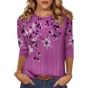 Zeagoo Women’s Casual 3/4 Sleeve T-Shirts Round Neck Cute Tunic Tops Basic Tees Blouses Business Work Tee Top(Flower-sf219)