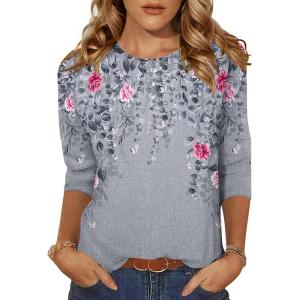 Zeagoo Women’s Casual 3/4 Sleeve T-Shirts Round Neck Cute Tunic Tops Basic Tees Blouses Business Work Tee Top(Grey Flower)