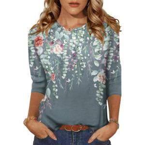 Zeagoo Women’s Casual 3/4 Sleeve T-Shirts Round Neck Cute Tunic Tops Basic Tees Blouses Business Work Tee Top(Grey Flower-wf71)