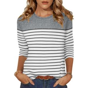 Zeagoo Women’s Casual 3/4 Sleeve T-Shirts Round Neck Cute Tunic Tops Basic Tees Blouses Business Work Tee Top(Grey Stripe)