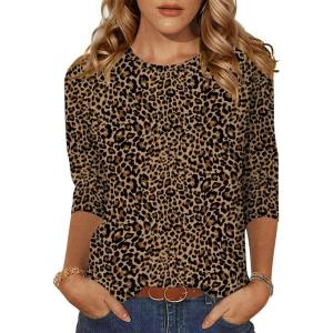 Zeagoo Women’s Casual 3/4 Sleeve T-Shirts Round Neck Cute Tunic Tops Basic Tees Blouses Business Work Tee Top(Leopard Print-an136)