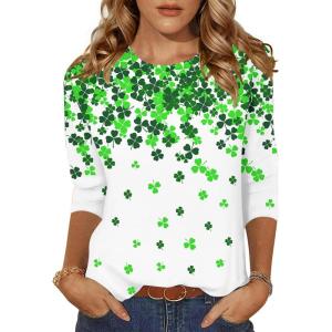 Zeagoo Women’s Casual 3/4 Sleeve T-Shirts Round Neck Cute Tunic Tops Basic Tees Blouses Business Work Tee Top(Lucky Clover Print)