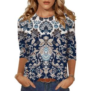 Zeagoo Women’s Casual 3/4 Sleeve T-Shirts Round Neck Cute Tunic Tops Basic Tees Blouses Business Work Tee Top(Navy Boho-mz873)