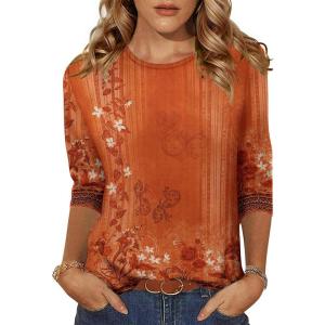 Zeagoo Women’s Casual 3/4 Sleeve T-Shirts Round Neck Cute Tunic Tops Basic Tees Blouses Business Work Tee Top(Orange-mz867)