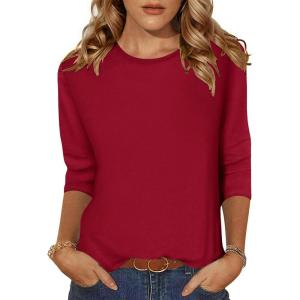Zeagoo Women’s Casual 3/4 Sleeve T-Shirts Round Neck Cute Tunic Tops Basic Tees Blouses Business Work Tee Top(Red)