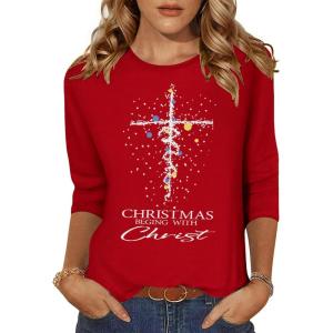Zeagoo Women’s Casual 3/4 Sleeve T-Shirts Round Neck Cute Tunic Tops Basic Tees Blouses Business Work Tee Top(Red Christmas-sd485)