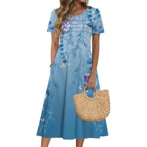 Zeagoo Womens Casual Dresses for Summer Short Sleeve Flare Midi Dress Loose Beach Sundress Pleated Front Dress with Pockets(01 Blue Floral)