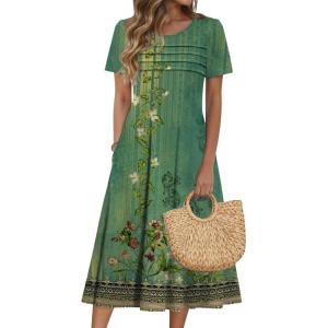 Zeagoo Womens Casual Dresses for Summer Short Sleeve Flare Midi Dress Loose Beach Sundress Pleated Front Dress with Pockets(02 Green Floral)