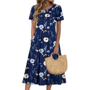 Zeagoo Womens Casual Dresses for Summer Short Sleeve Flare Midi Dress Loose Beach Sundress Pleated Front Dress with Pockets(04 Navy Floral)