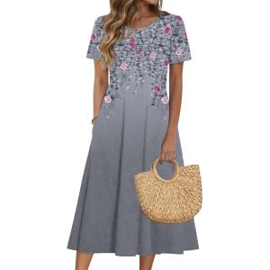 Zeagoo Womens Casual Dresses for Summer Short Sleeve Flare Midi Dress Loose Beach Sundress Pleated Front Dress with Pockets(Grey Floral)