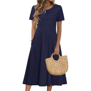 Zeagoo Womens Casual Dresses for Summer Short Sleeve Flare Midi Dress Loose Beach Sundress Pleated Front Dress with Pockets(Solid Navy)