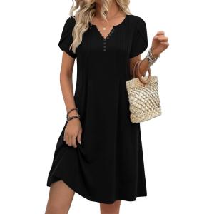 Zeagoo Women’s Casual Dresses with Pockets Summer Floral V-Neck A-Line Tshirt Dress Short Sleeve Mini Dress Beach Sundress(Black)