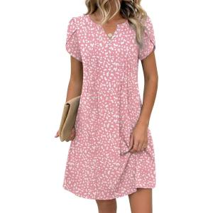 Zeagoo Women’s Casual Dresses with Pockets Summer Floral V-Neck A-Line Tshirt Dress Short Sleeve Mini Dress Beach Sundress(Pink-white)