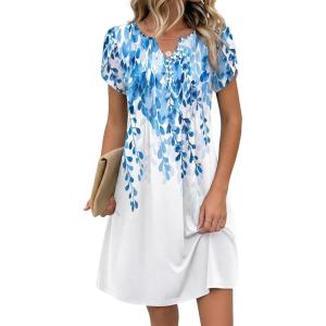 Zeagoo Women’s Casual Dresses with Pockets Summer Floral V-Neck A-Line Tshirt Dress Short Sleeve Mini Dress Beach Sundress(White-blue Flower)