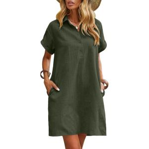 Zeagoo Womens Cotton Shirt Dress Summer Casual Short Sleeve Button Down Beach Cover Up Shirts with Pockets(Army Green)