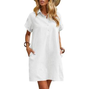 Zeagoo Womens Cotton Shirt Dress Summer Casual Short Sleeve Button Down Beach Cover Up Shirts with Pockets(A-white)