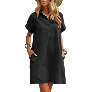 Zeagoo Womens Cotton Shirt Dress Summer Casual Short Sleeve Button Down Beach Cover Up Shirts with Pockets(Black)