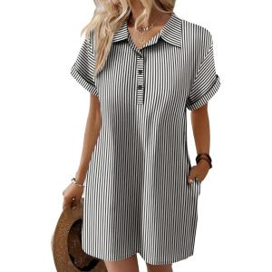 Zeagoo Womens Cotton Shirt Dress Summer Casual Short Sleeve Button Down Beach Cover Up Shirts with Pockets(Black White Stripe)