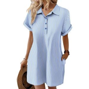 Zeagoo Womens Cotton Shirt Dress Summer Casual Short Sleeve Button Down Beach Cover Up Shirts with Pockets(Blue White Stripe)
