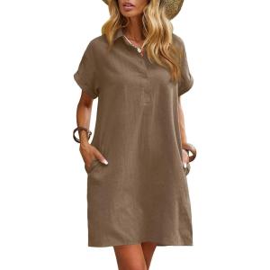 Zeagoo Womens Cotton Shirt Dress Summer Casual Short Sleeve Button Down Beach Cover Up Shirts with Pockets(Dark Brown)