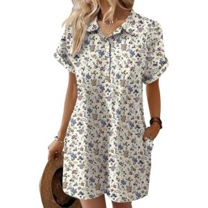 Zeagoo Womens Cotton Shirt Dress Summer Casual Short Sleeve Button Down Beach Cover Up Shirts with Pockets(Floral)