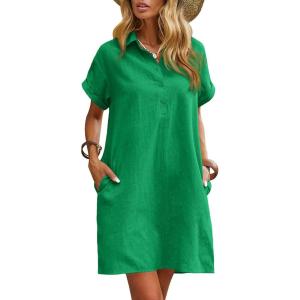 Zeagoo Womens Cotton Shirt Dress Summer Casual Short Sleeve Button Down Beach Cover Up Shirts with Pockets(Forest Green)